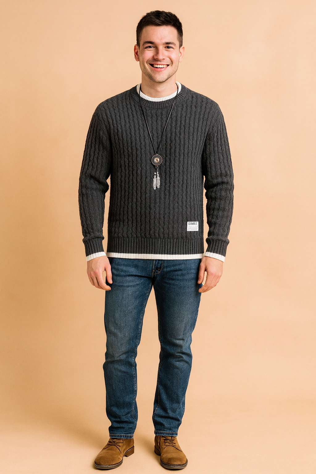 Men’s dark grey cable knit sweater with subtle wavy textured pattern, ribbed cuffs and hem, and contrasting white inner collar and sleeve detail.