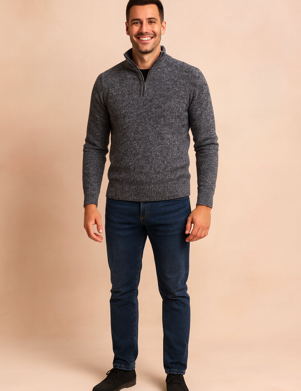 Men’s quarter-zip knitted sweater in dark grey with textured fabric pattern, ribbed cuffs, and hemline, designed for casual and smart winter wear.