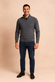 Men’s quarter-zip knitted sweater in dark grey with textured fabric pattern, ribbed cuffs, and hemline, designed for casual and smart winter wear.