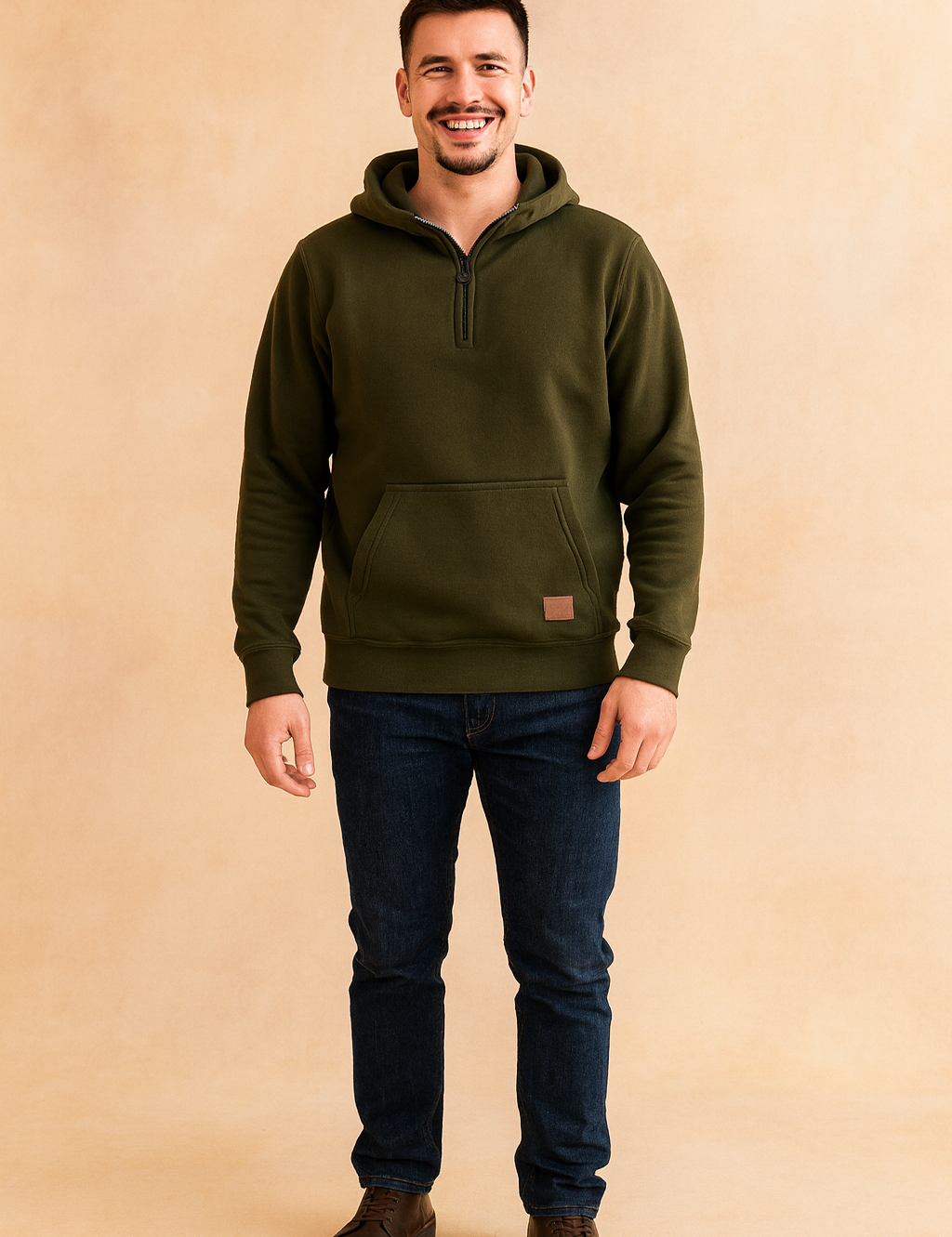 Dark olive green pullover hoodie featuring a soft brushed fleece texture, quarter-zip collar with round metal zipper pull, kangaroo front pocket, and ribbed cuffs and hem for a snug fit.