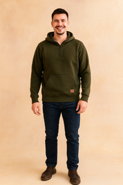 Dark olive green pullover hoodie featuring a soft brushed fleece texture, quarter-zip collar with round metal zipper pull, kangaroo front pocket, and ribbed cuffs and hem for a snug fit.