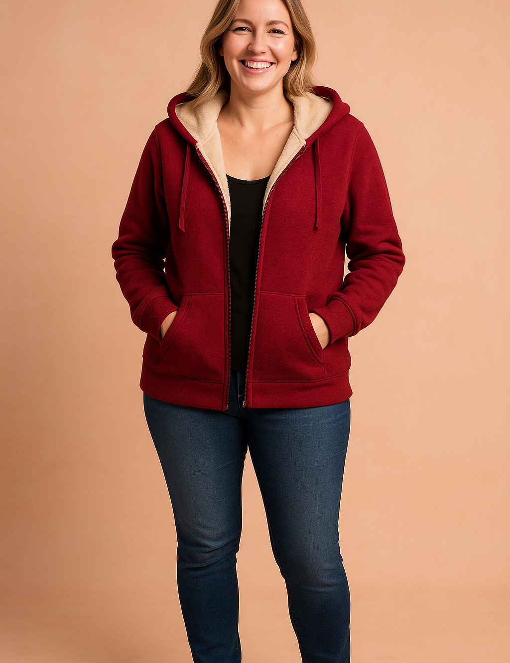 Deep red zip-up hooded jacket with soft beige fleece lining, long sleeves, front kangaroo pockets, and ribbed cuffs and hem, designed for casual winter wear.