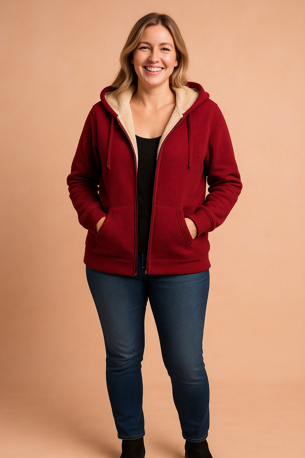 Deep red zip-up hooded jacket with soft beige fleece lining, long sleeves, front kangaroo pockets, and ribbed cuffs and hem, designed for casual winter wear.