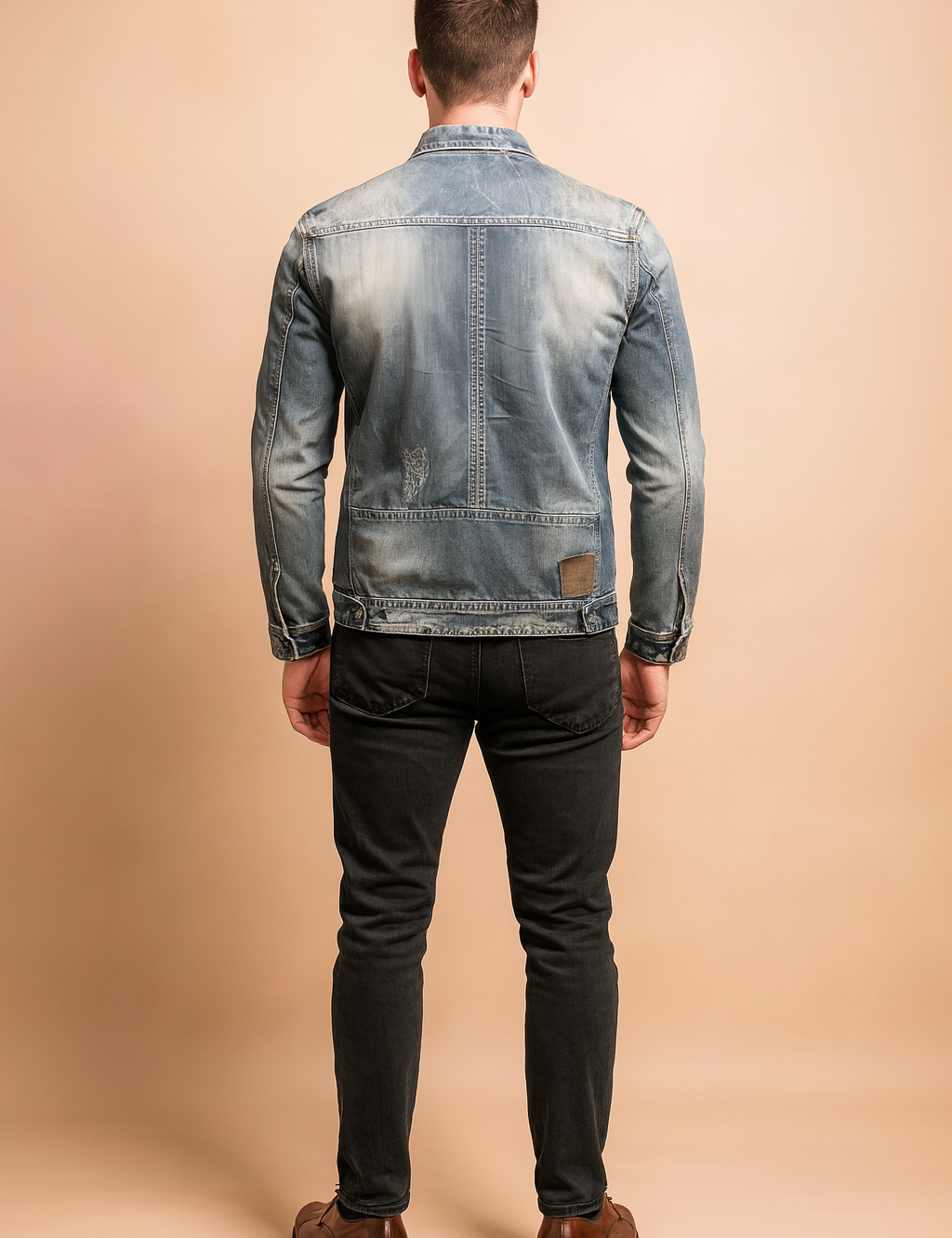 Men’s distressed denim jacket in faded grey wash with visible seam details and worn patches, long sleeves, and a straight back cut for casual streetwear styling.
