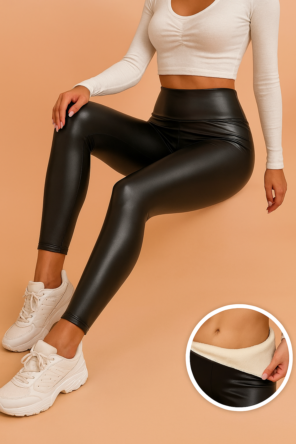 High-waisted black faux leather leggings with a fleece-lined interior, designed with a sleek matte finish and body-contouring fit.