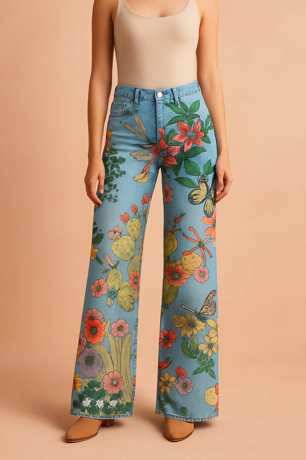 High-waisted wide-leg jeans featuring a vivid desert botanical and wildlife print, including blooming cacti, wildflowers, butterflies, and dragonflies, rendered in colorful, intricate detail over light blue denim.