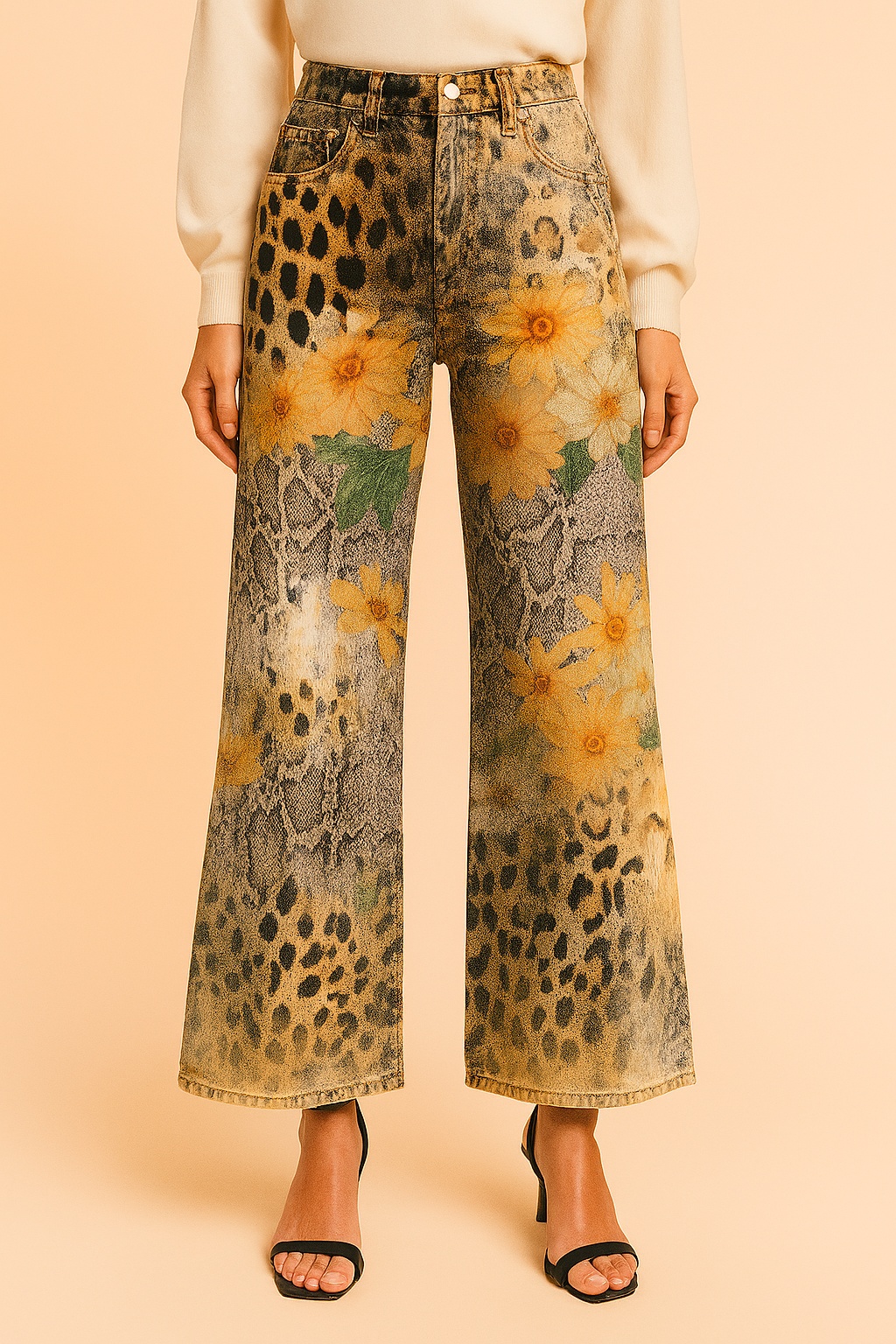 High-waisted wide-leg jeans with a bold mixed print of leopard spots, python snakeskin, and large yellow floral motifs, styled with a cream top and black sandals for a standout fashion look.