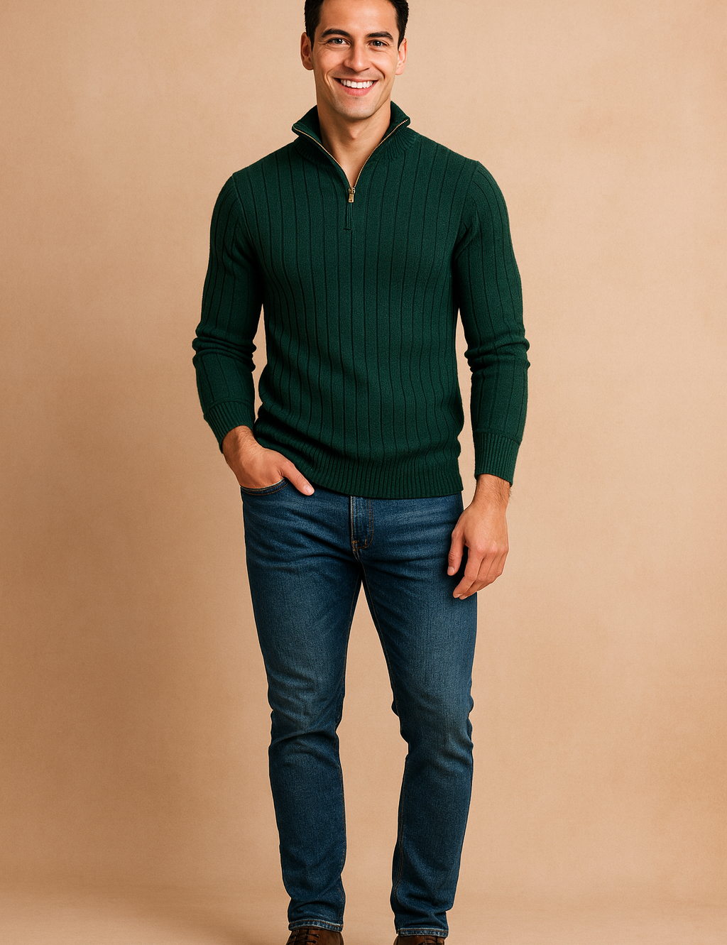 Men's forest green ribbed half-zip sweater paired with slim-fit blue jeans and brown leather boots