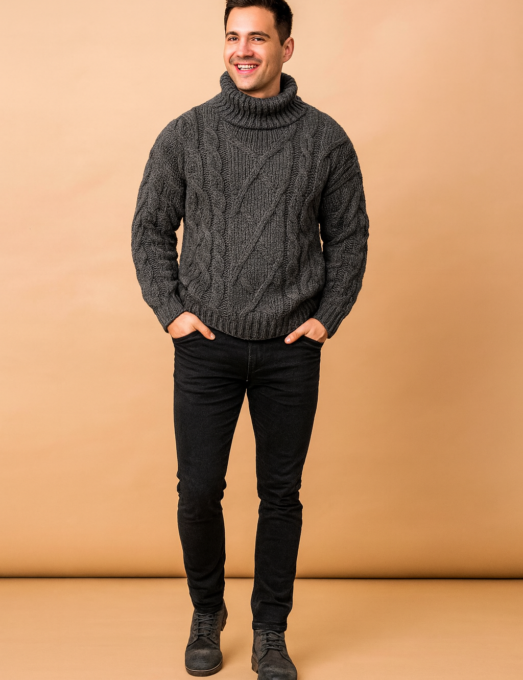 Chunky gray cable knit turtleneck sweater for men with thick ribbed detailing and relaxed fit