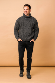 Chunky gray cable knit turtleneck sweater for men with thick ribbed detailing and relaxed fit