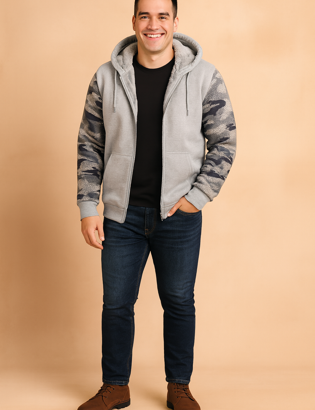 Men's gray zip-up hoodie with fleece lining, featuring camouflage sleeves and hood accents, ribbed cuffs, and side slit pockets—ideal for urban winter wear.