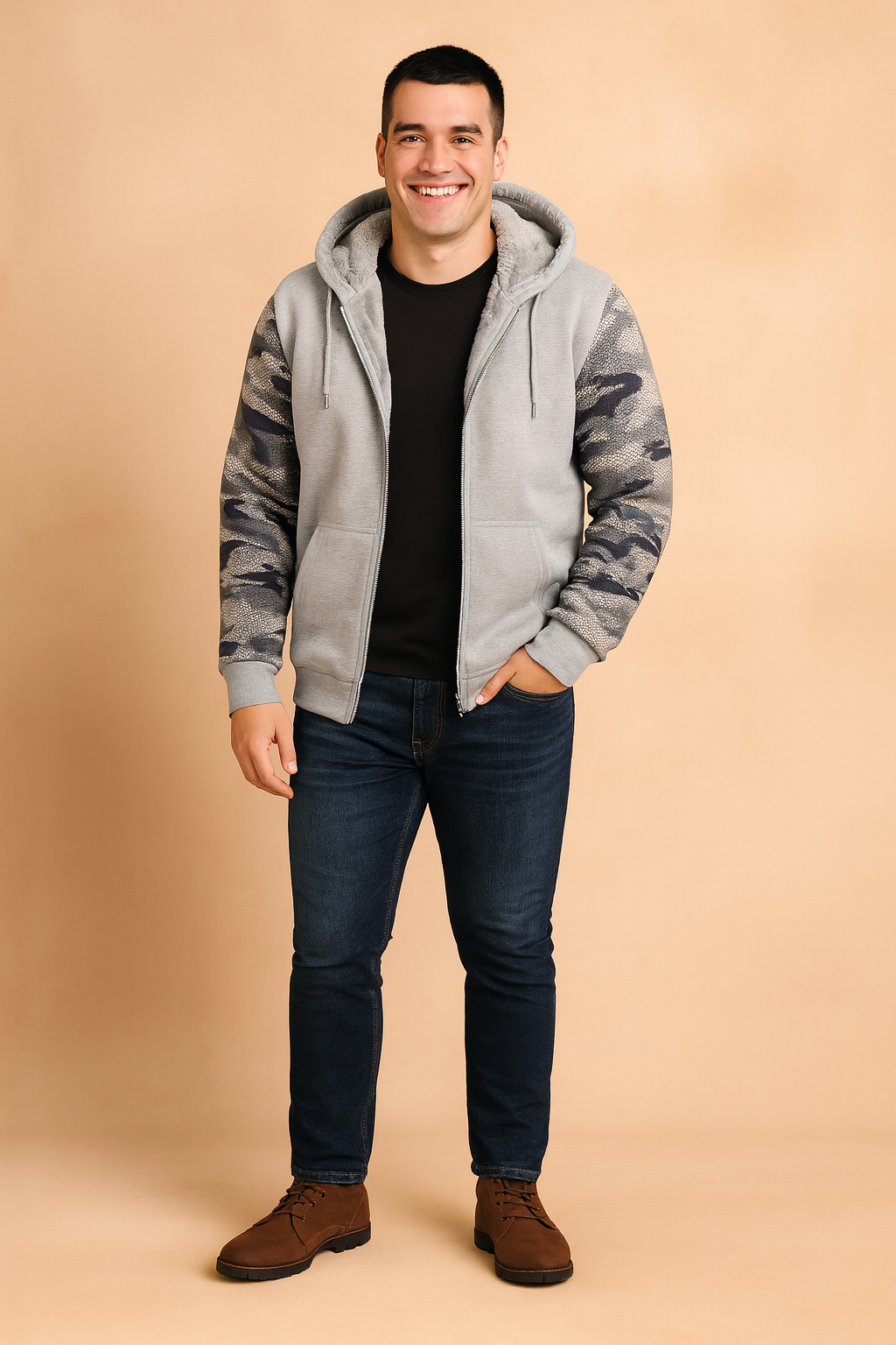 Men's gray zip-up hoodie with fleece lining, featuring camouflage sleeves and hood accents, ribbed cuffs, and side slit pockets—ideal for urban winter wear.