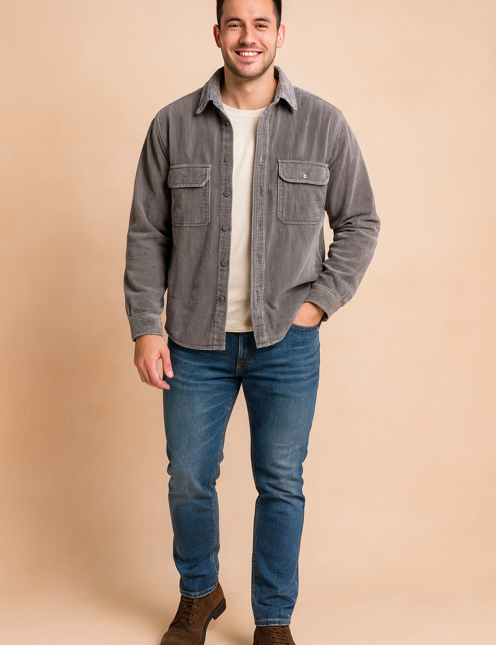 Corduroy sherpa-lined overshirt in gray with vertical ribbed texture, dual chest flap pockets with buttons, rolled cuffs, and exposed warm beige fleece interior, styled for a casual winter look.