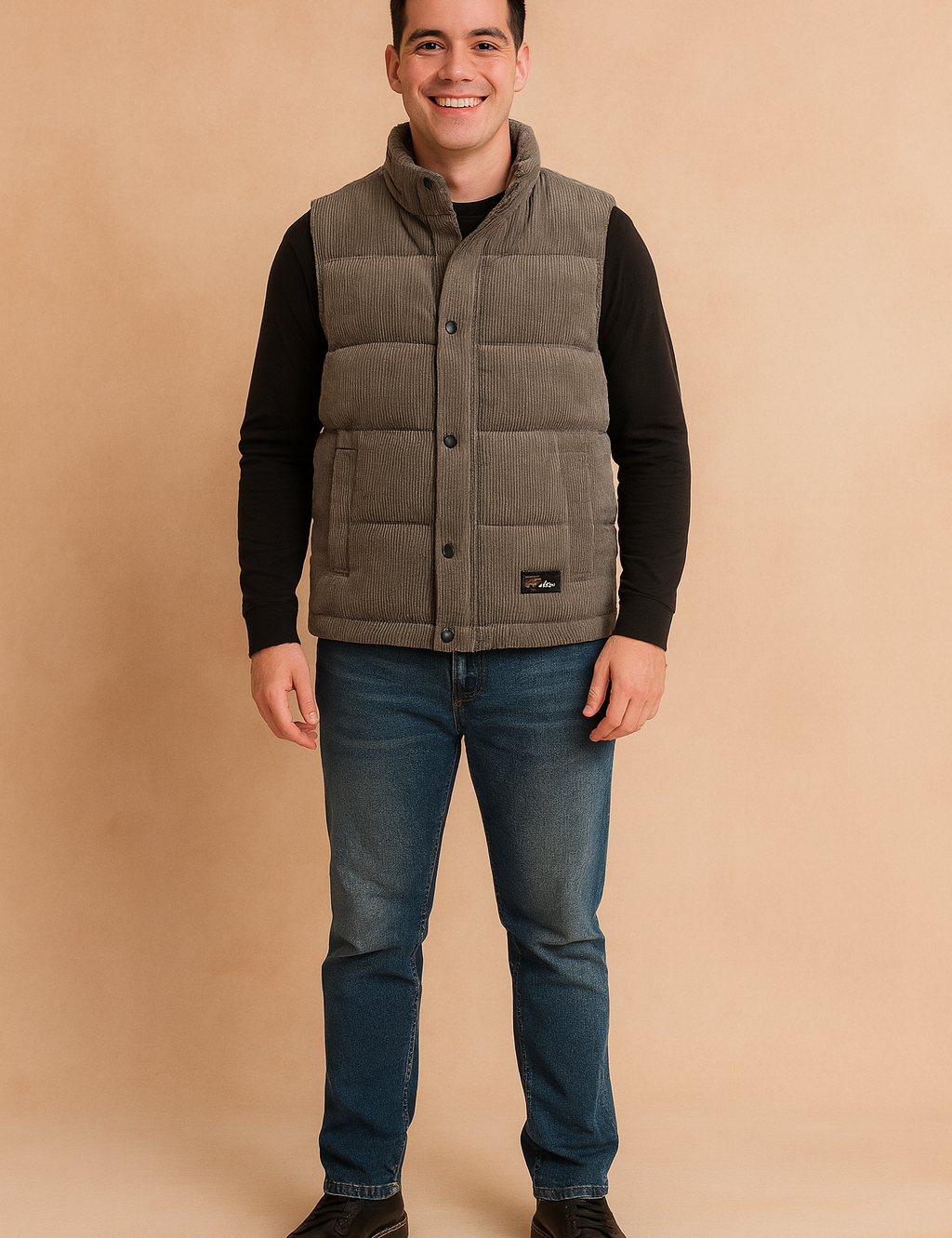 Men’s stylish gray padded winter vest with front snap buttons, quilted design, and practical side pockets, perfect for layering in cold weather.