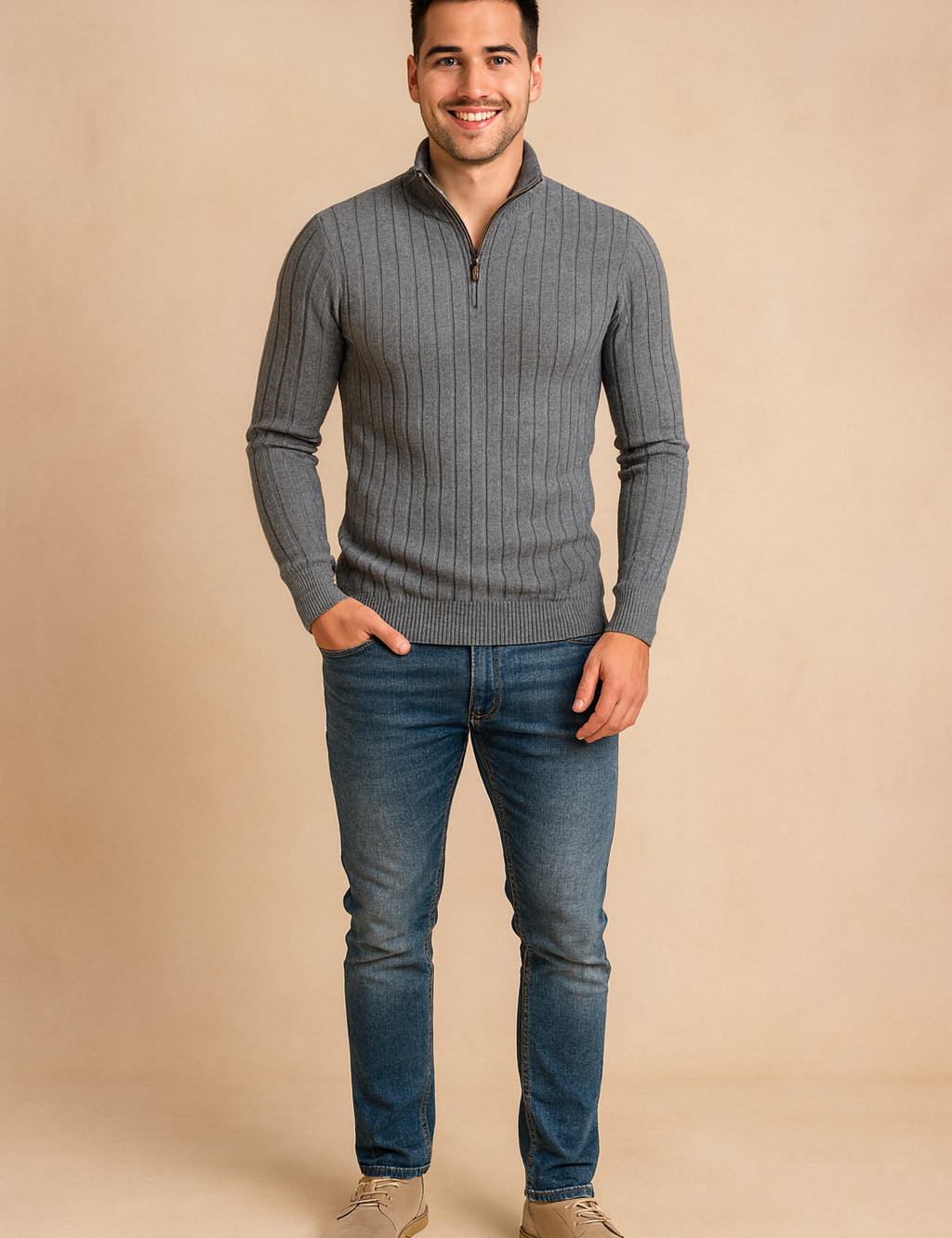 Men’s slim-fit gray ribbed quarter-zip sweater with vertical textured knit design, long sleeves, and a gold zipper closure for a modern and stylish look.