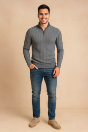 Men’s slim-fit gray ribbed quarter-zip sweater with vertical textured knit design, long sleeves, and a gold zipper closure for a modern and stylish look.