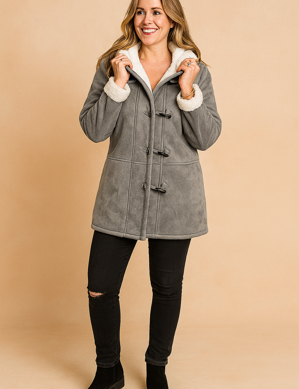 Gray faux-suede toggle coat with soft white sherpa lining and cuffs, styled with black distressed skinny jeans and black ankle boots.