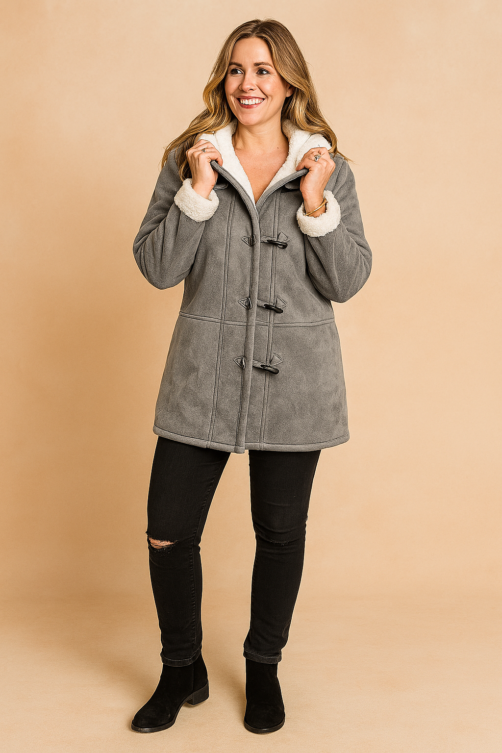 Gray faux-suede toggle coat with soft white sherpa lining and cuffs, styled with black distressed skinny jeans and black ankle boots.
