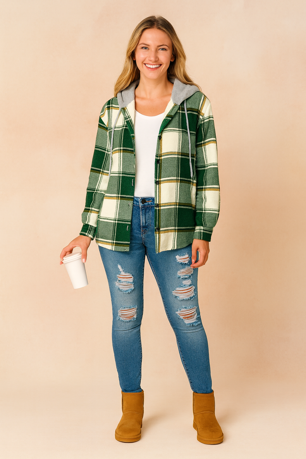 Green and white plaid hooded jacket with mustard accents, button closure, and side pockets, styled casually with ripped jeans.
