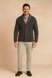 Grey cable-knit shawl collar cardigan with button front, featuring a textured cable pattern for a stylish and cozy winter look.