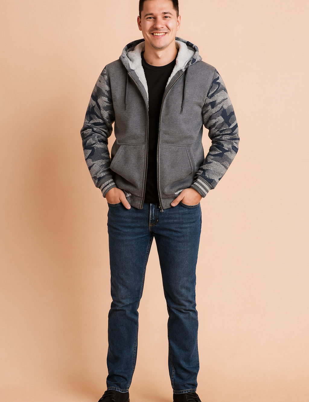 "Men’s grey camouflage hooded winter jacket with plush fleece lining and full zip closure, designed for warmth, comfort, and stylish casual wear."