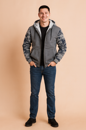 "Men’s grey camouflage hooded winter jacket with plush fleece lining and full zip closure, designed for warmth, comfort, and stylish casual wear."