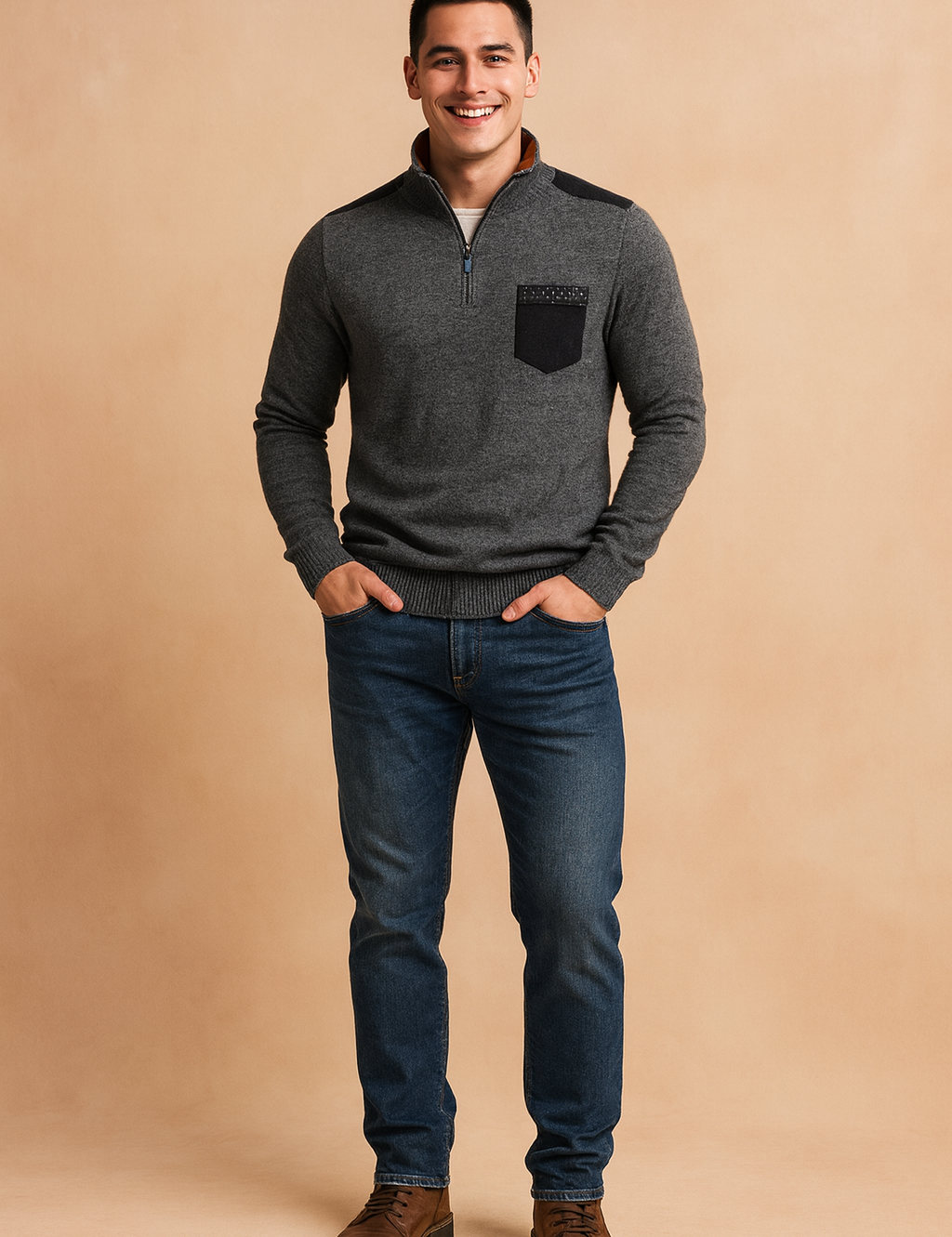 Men’s grey knit pullover with half-zip collar, ribbed cuffs and hem, featuring a black chest pocket with subtle detailing for a modern, stylish look.