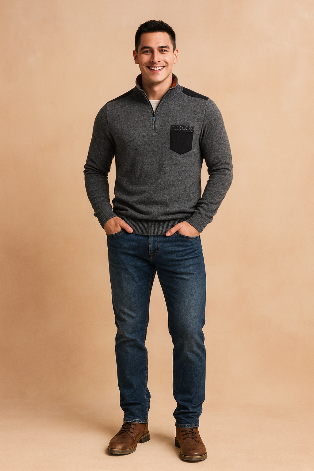 Men’s grey knit pullover with half-zip collar, ribbed cuffs and hem, featuring a black chest pocket with subtle detailing for a modern, stylish look.
