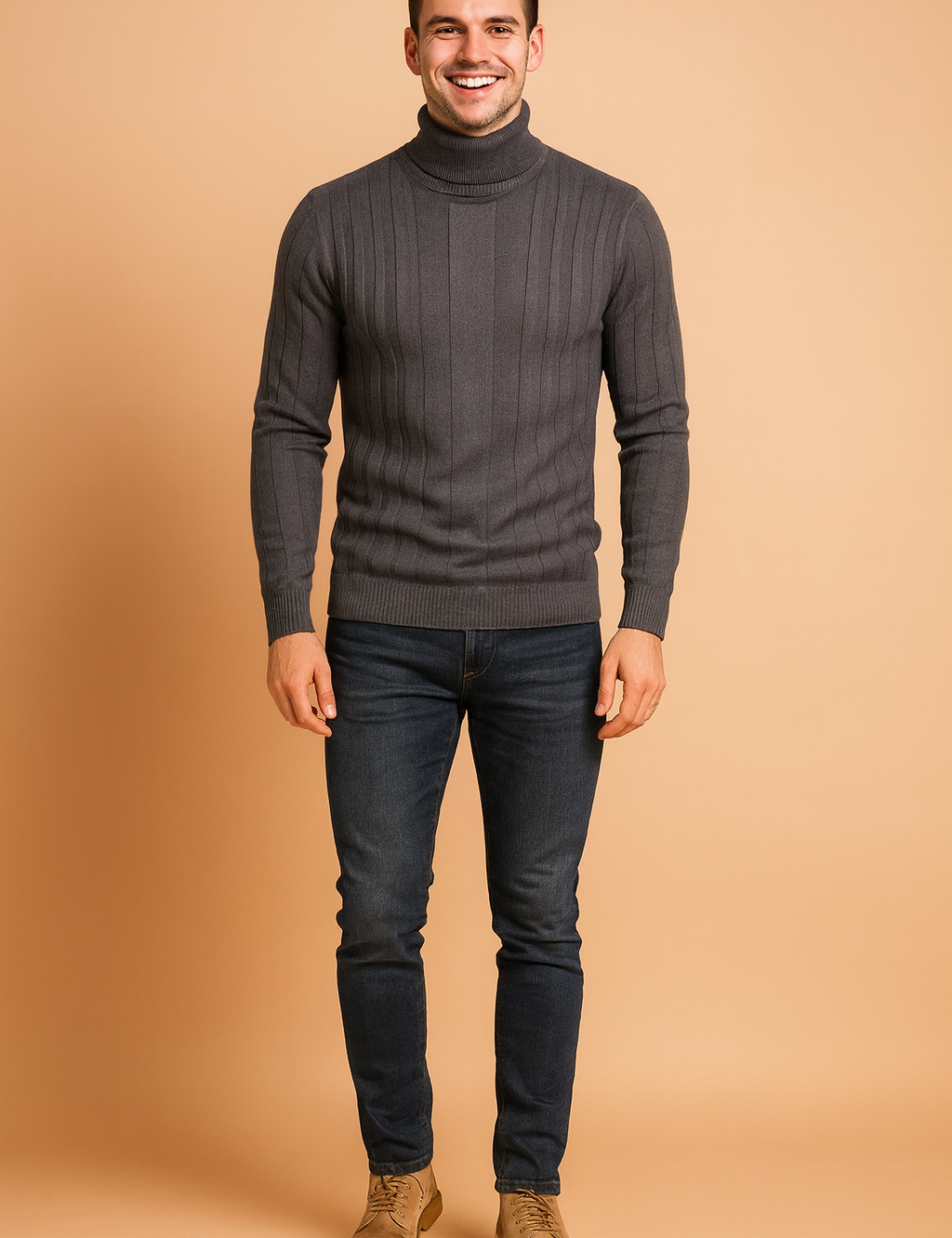 Slim-fit grey ribbed turtleneck sweater for men with vertical textured pattern, styled with dark jeans and beige lace-up boots.