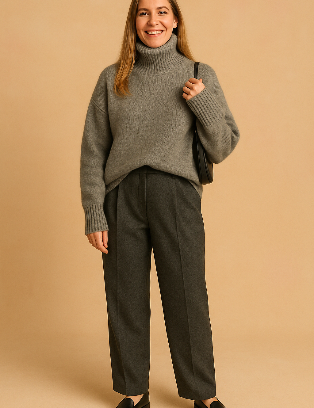 Heather grey ribbed turtleneck sweater in mohair wool, paired with dark charcoal pleated trousers and black leather loafers, styled for a soft autumn studio look.