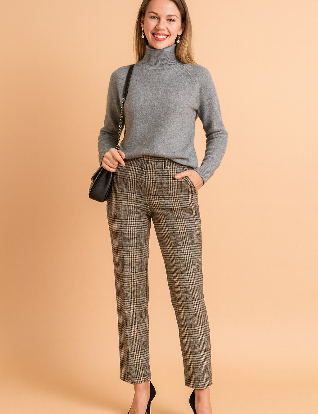 Elegant grey turtleneck sweater with a soft knit texture, paired with high-waisted plaid trousers and black pumps, styled with a quilted crossbody bag for a chic and versatile look.
