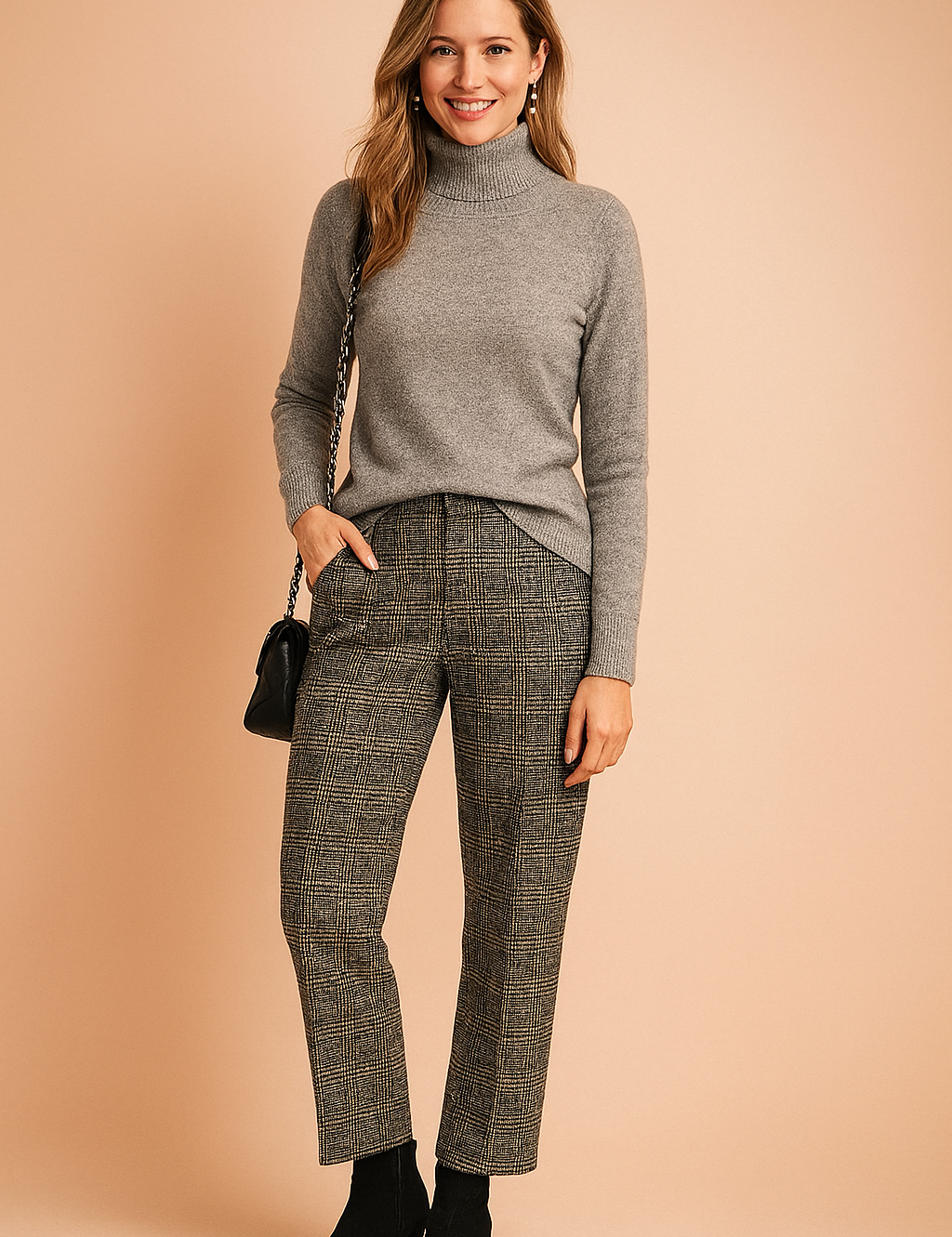 Heather grey fitted knit turtleneck sweater with ribbed collar and cuffs, paired with high-waisted plaid trousers, black suede ankle boots, and a black chain-strap shoulder bag.