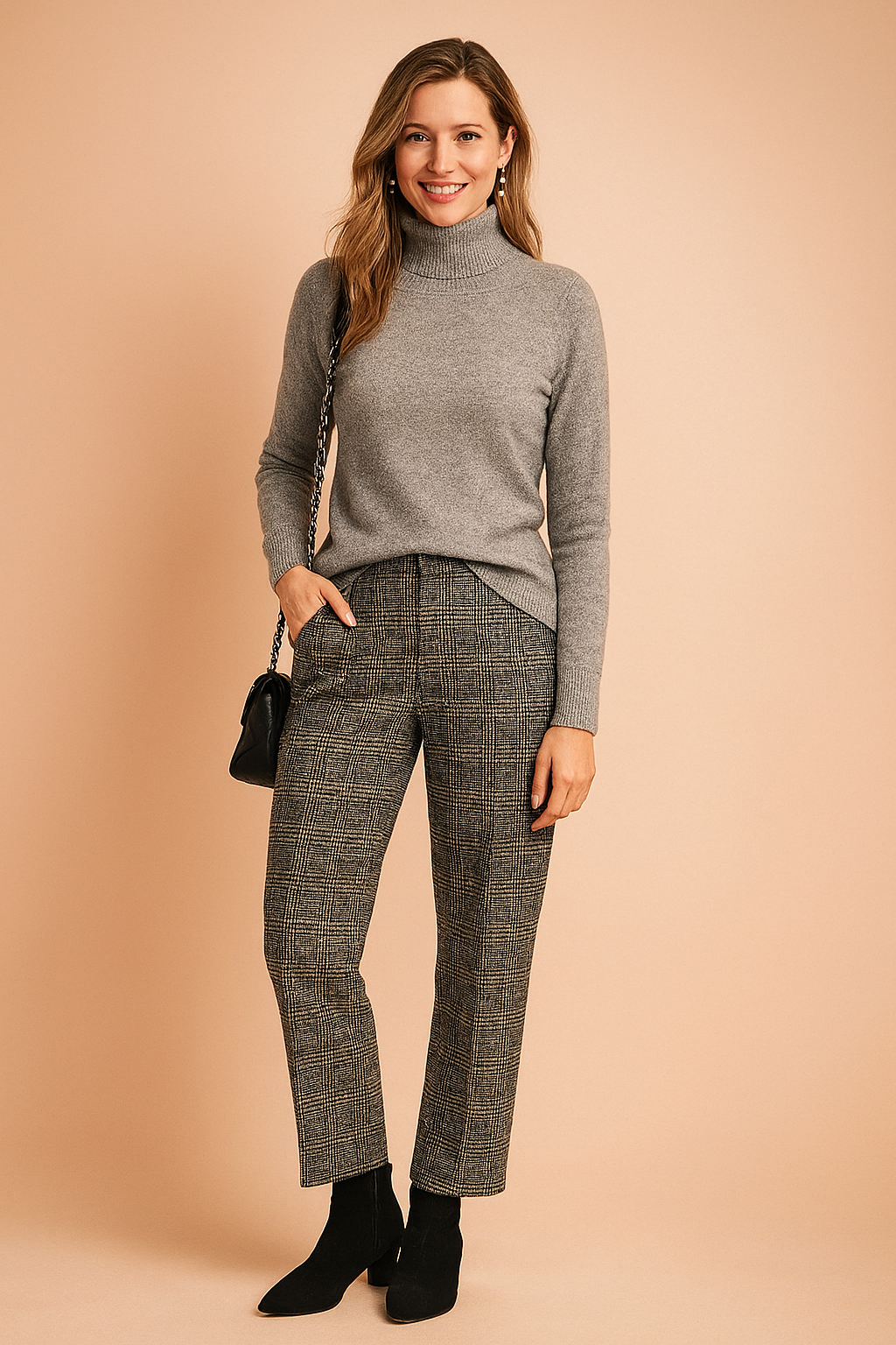 Heather grey fitted knit turtleneck sweater with ribbed collar and cuffs, paired with high-waisted plaid trousers, black suede ankle boots, and a black chain-strap shoulder bag.