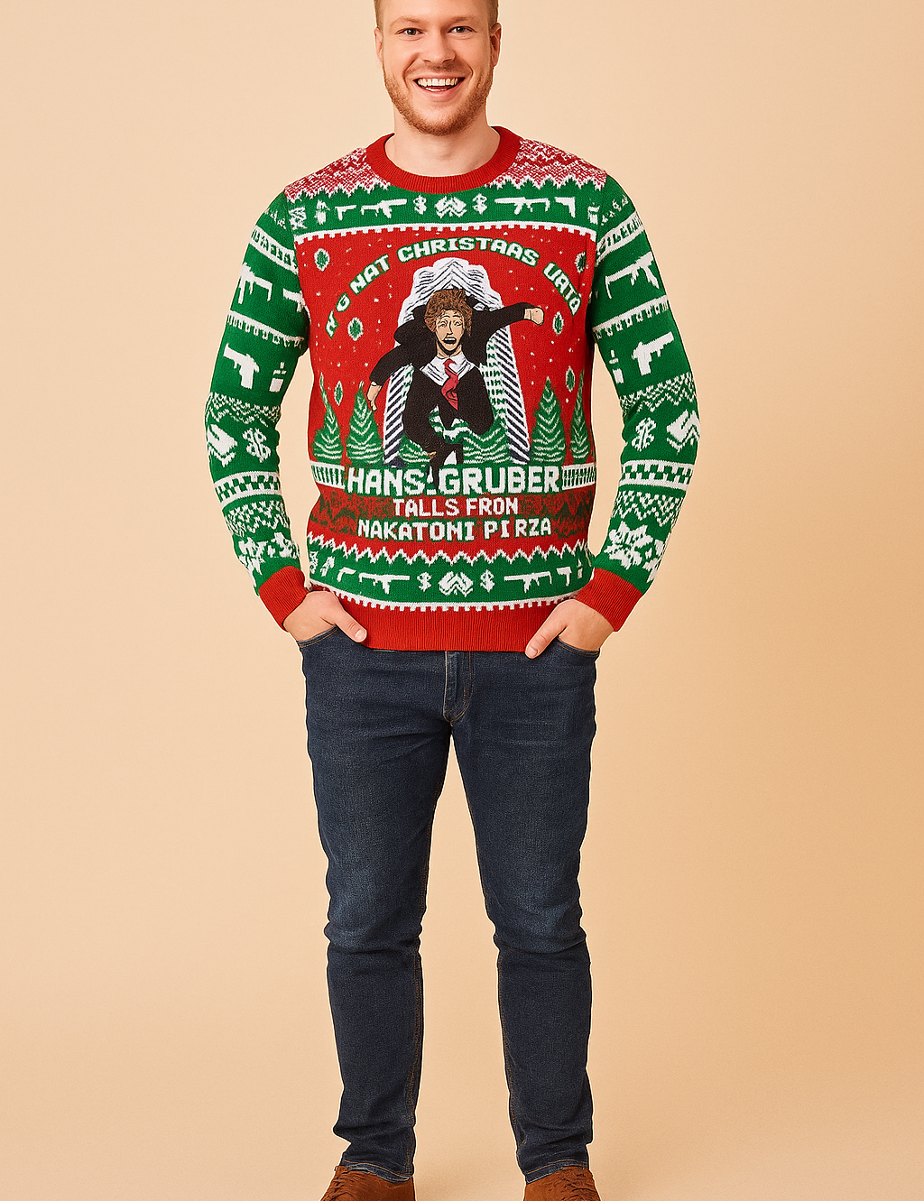 Red and green Christmas sweater featuring Hans Gruber falling from Nakatomi Plaza with festive holiday patterns including snowflakes, dollar signs, guns, and Christmas trees.