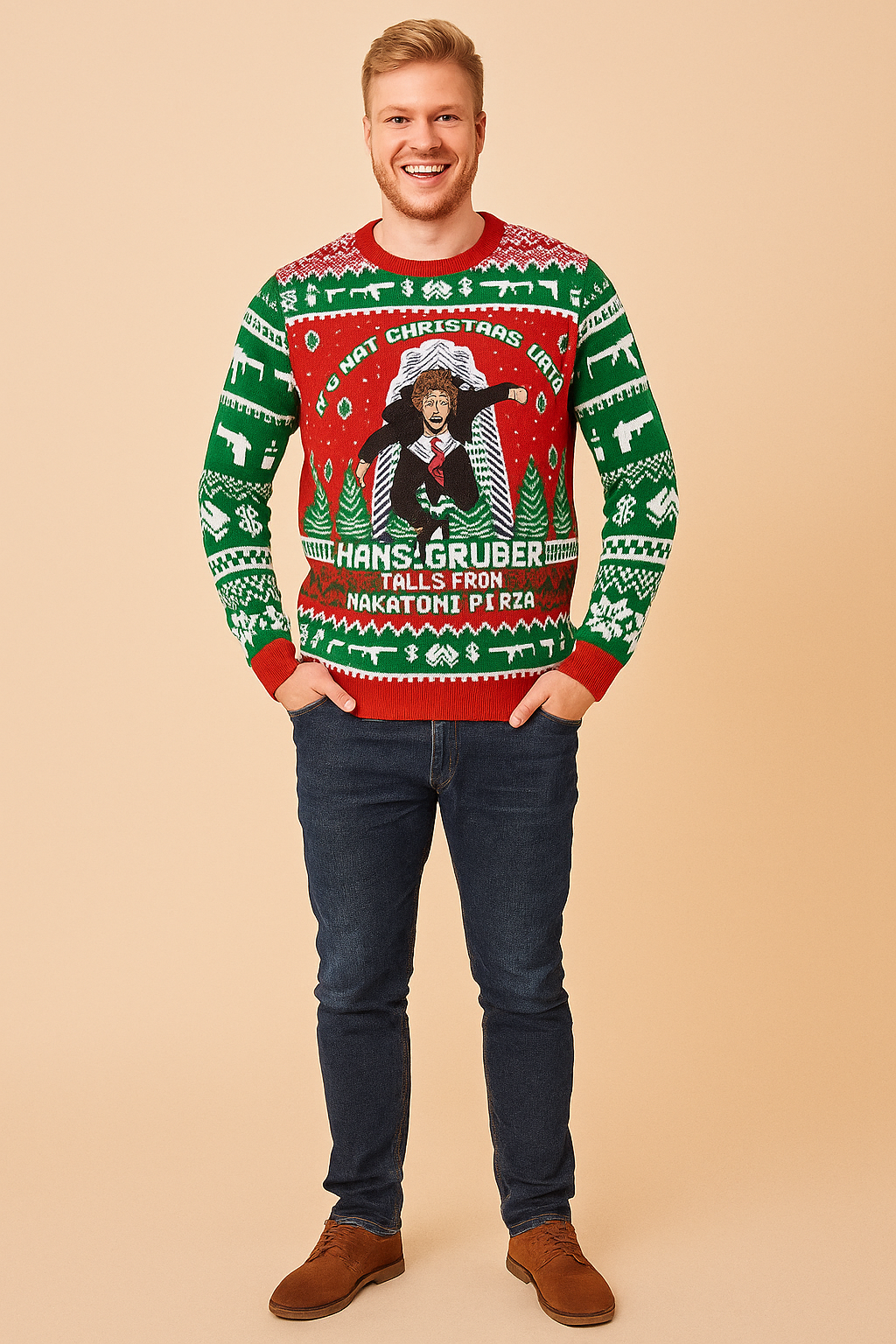 Red and green Christmas sweater featuring Hans Gruber falling from Nakatomi Plaza with festive holiday patterns including snowflakes, dollar signs, guns, and Christmas trees.