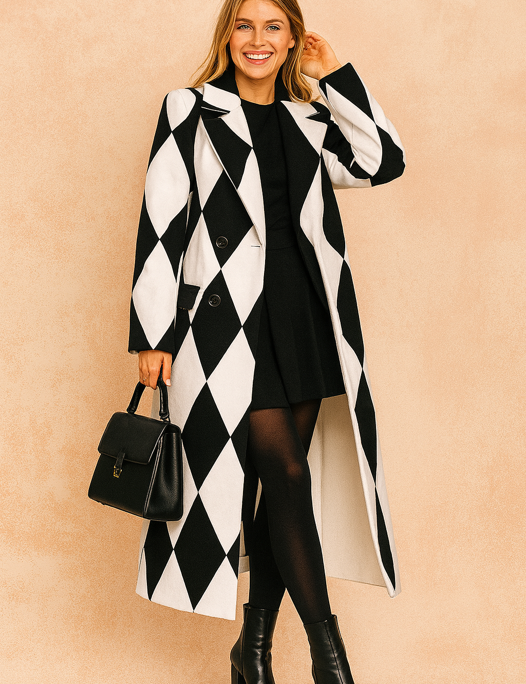 Black and white harlequin-patterned long coat, styled with a black mini dress, sheer tights, ankle boots, and a structured handbag.
