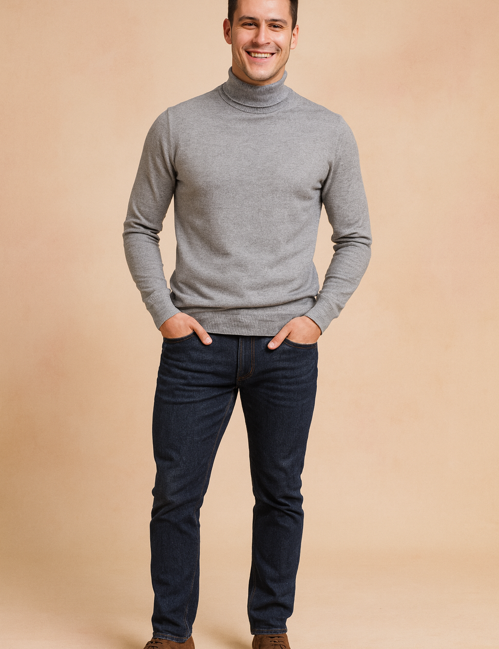 Heather gray men’s turtleneck sweater with ribbed cuffs and hem, paired with slim-fit dark blue jeans and brown suede shoes, delivering a modern and versatile casual style.