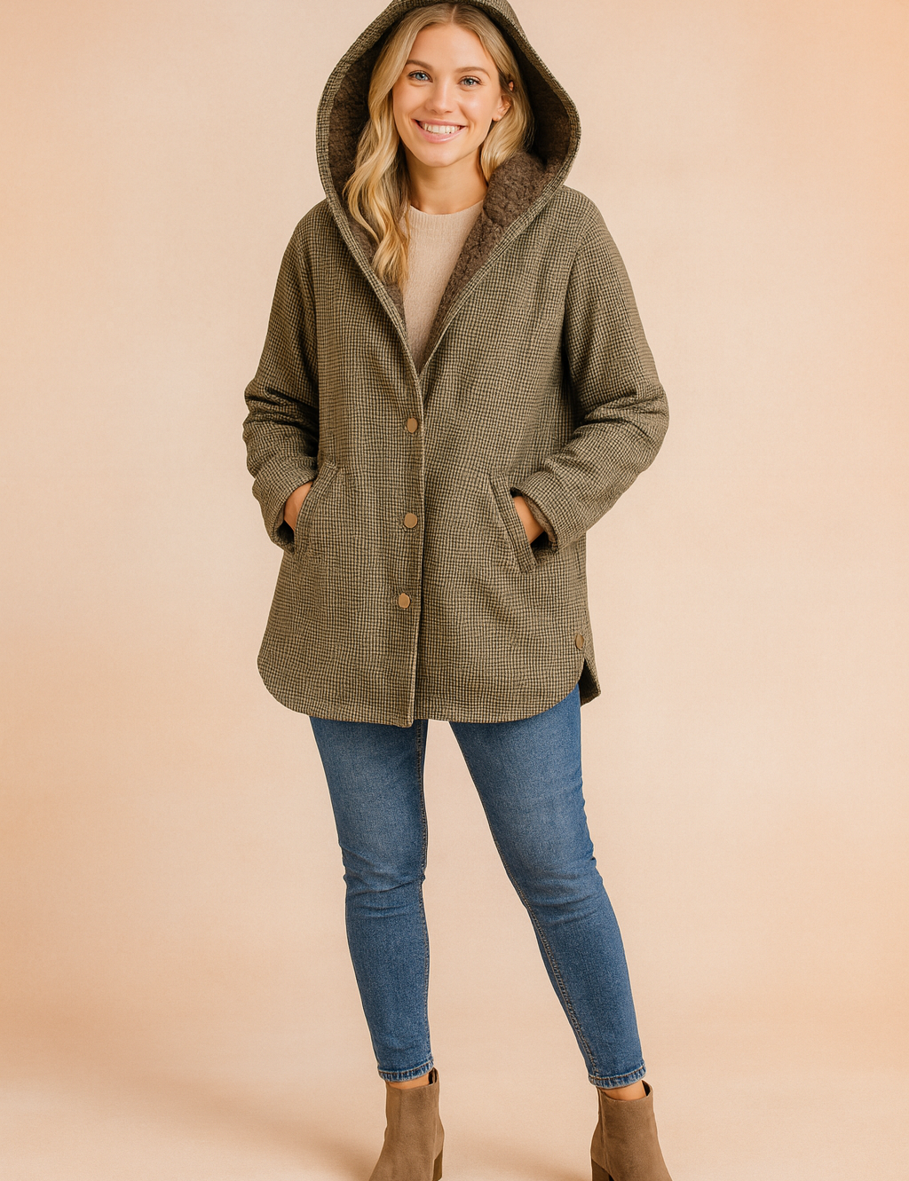 Women’s olive-green houndstooth hooded coat with sherpa lining, button-down front, and side pockets, designed for warmth and casual style.