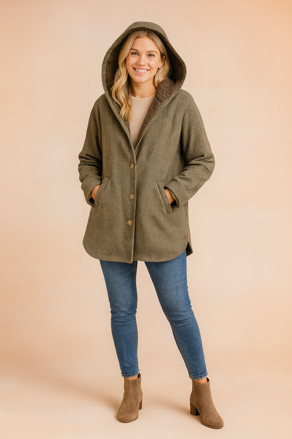 Women’s olive-green houndstooth hooded coat with sherpa lining, button-down front, and side pockets, designed for warmth and casual style.