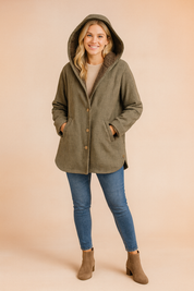 Women’s olive-green houndstooth hooded coat with sherpa lining, button-down front, and side pockets, designed for warmth and casual style.