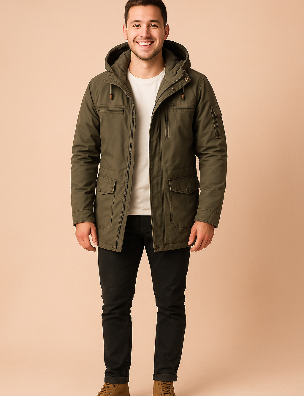 Men’s hooded parka jacket color green with front zipper, chest pockets, and adjustable drawstrings, paired with slim black pants and tan boots for a casual outdoor look.