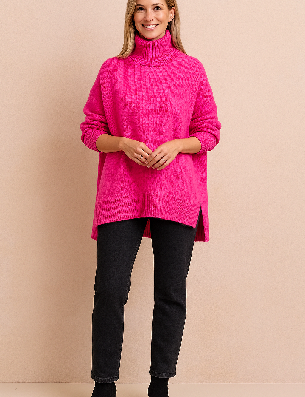 Hot pink oversized knit turtleneck sweater with ribbed hem and high collar, paired with slim-fit black pants and ankle boots.