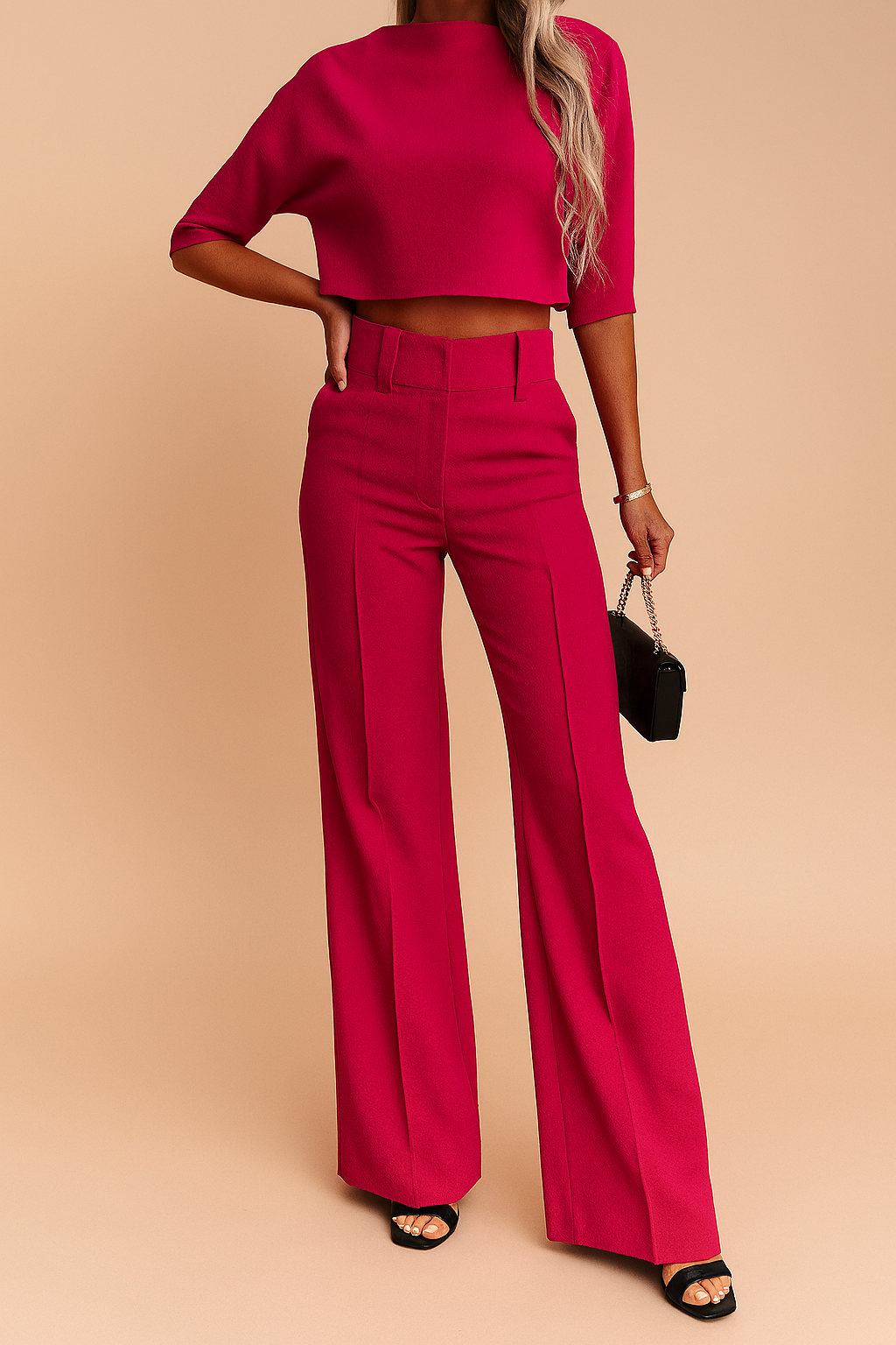 High-waisted hot pink tailored wide-leg trousers with structured seams and belt loops, paired with a matching cropped short-sleeve top made from a textured fabric.