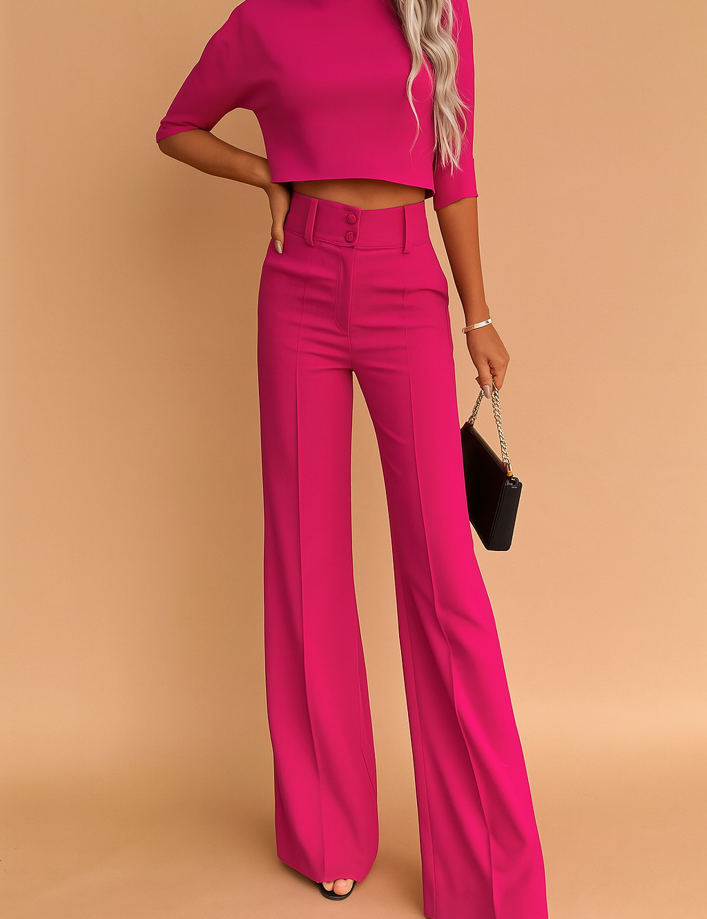 Hot pink co-ord set featuring a structured crop top with elbow-length sleeves and high-waisted, wide-leg tailored trousers, paired with black open-toe heels and a mini chain-strap handbag.
