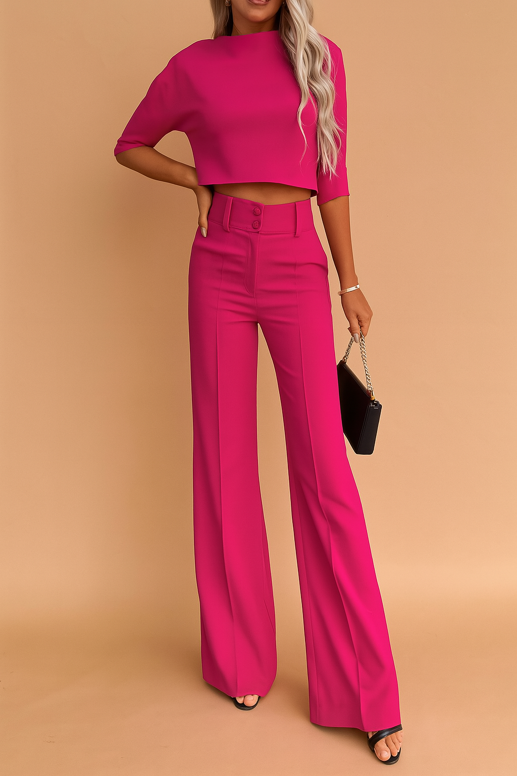 Hot pink co-ord set featuring a structured crop top with elbow-length sleeves and high-waisted, wide-leg tailored trousers, paired with black open-toe heels and a mini chain-strap handbag.