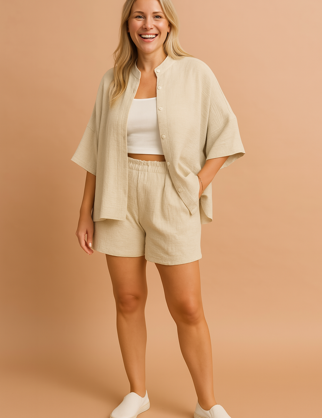 Beige textured linen two-piece lounge set featuring a loose short-sleeve button-up shirt with a high collar and matching high-waisted elastic shorts.