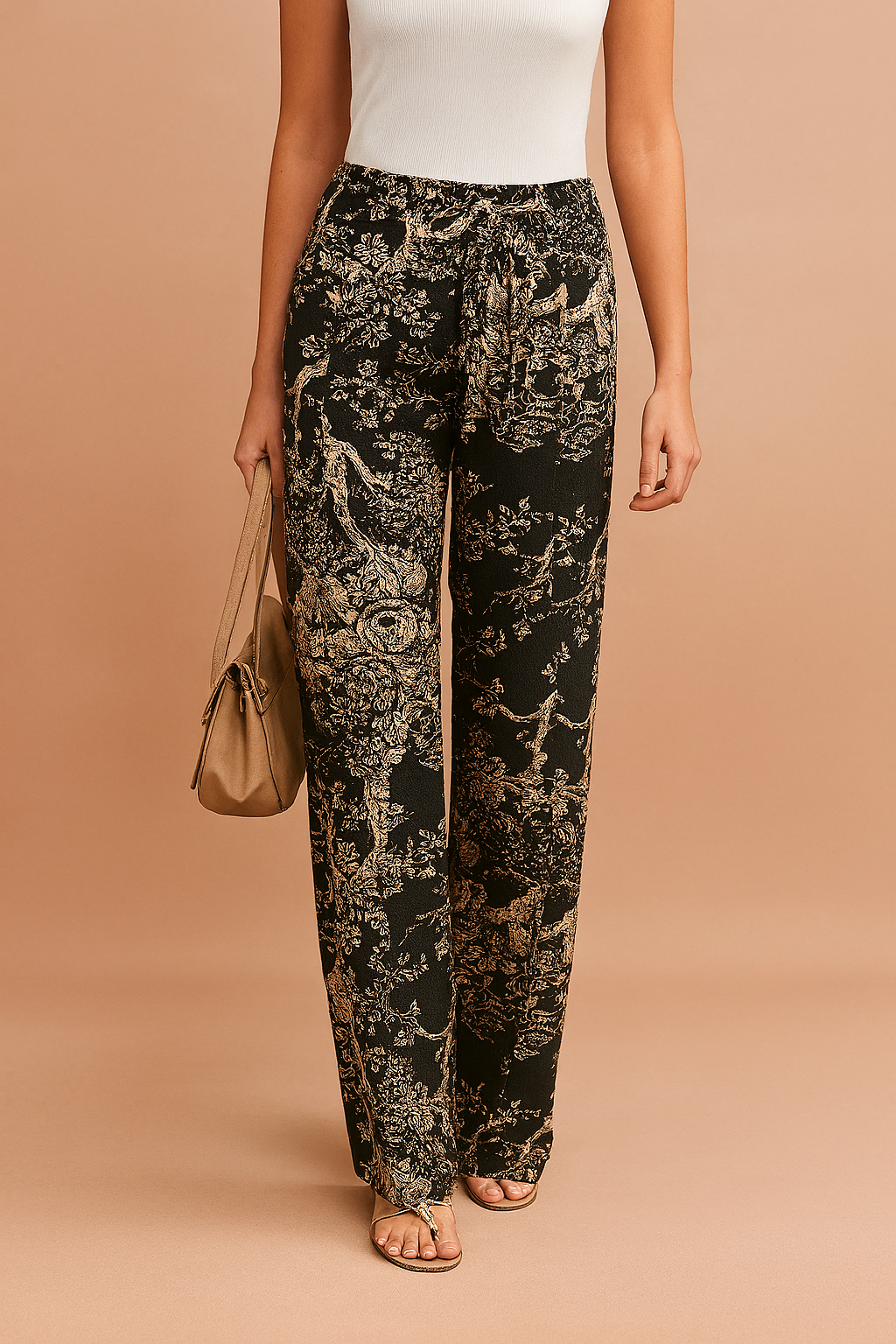 High-waisted black wide-leg pants with intricate beige floral and tree branch print, styled with a slim white top and beige strappy sandals.