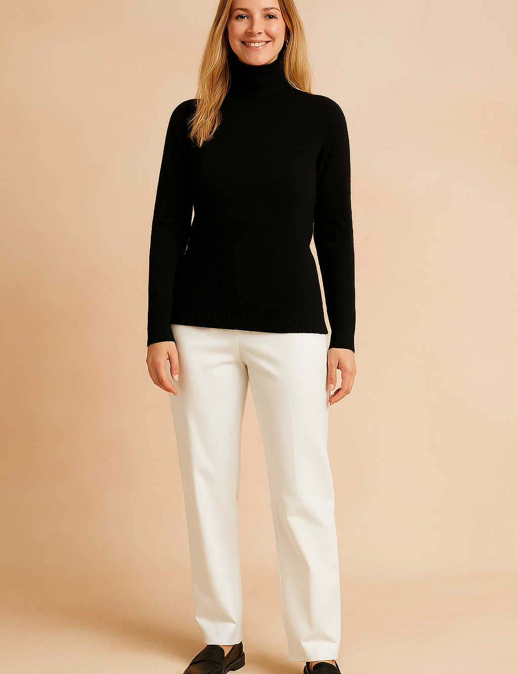 Fitted black knit turtleneck sweater with ribbed collar, hem, and cuffs, styled with crisp white straight-leg trousers and black leather loafers.