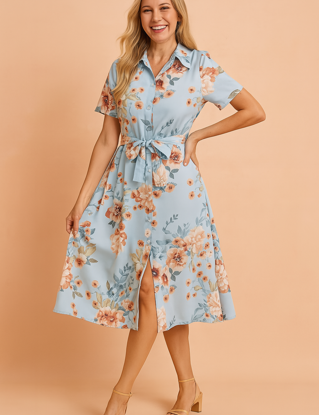 Button-down short-sleeve light blue midi dress with a peach and coral floral print, featuring a belted waist and front slit detail.