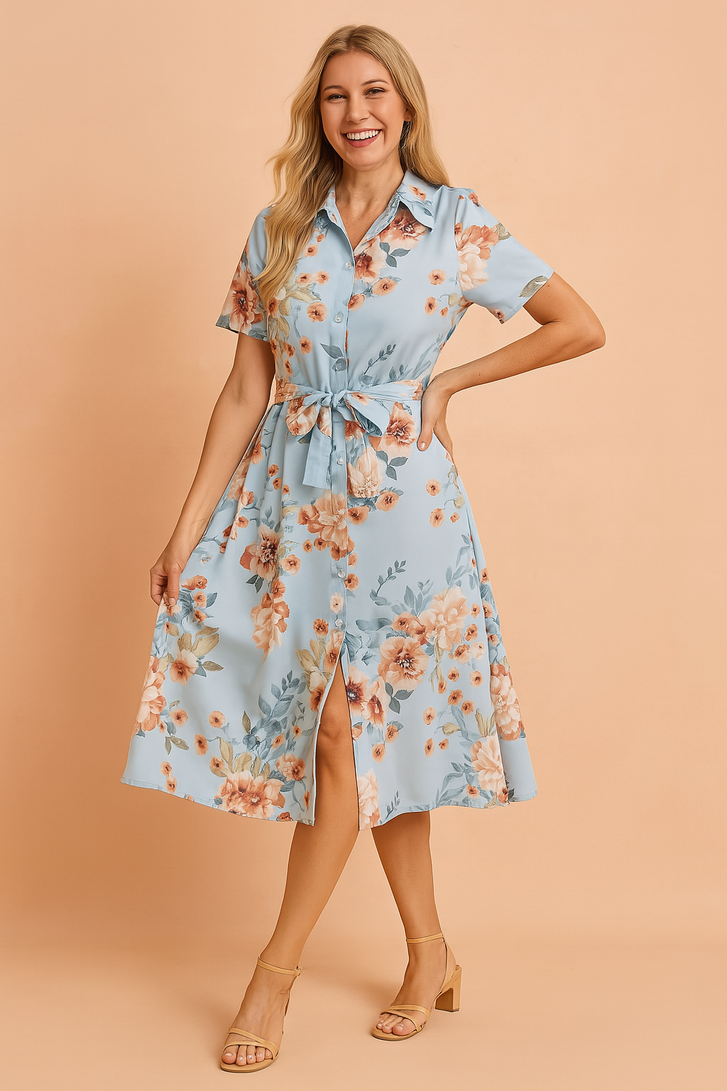 Button-down short-sleeve light blue midi dress with a peach and coral floral print, featuring a belted waist and front slit detail.